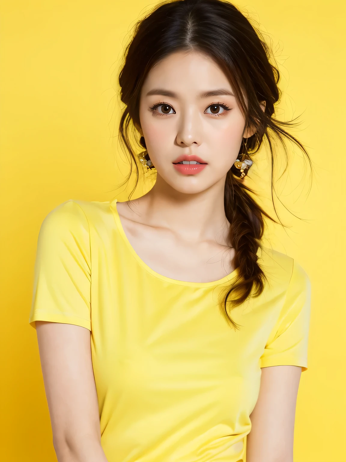 Best quality,masterpiece,ultra high res,(photorealistic:1.4),1girl, White short-sleeved T-shirt, in studio, pastel yellow background,