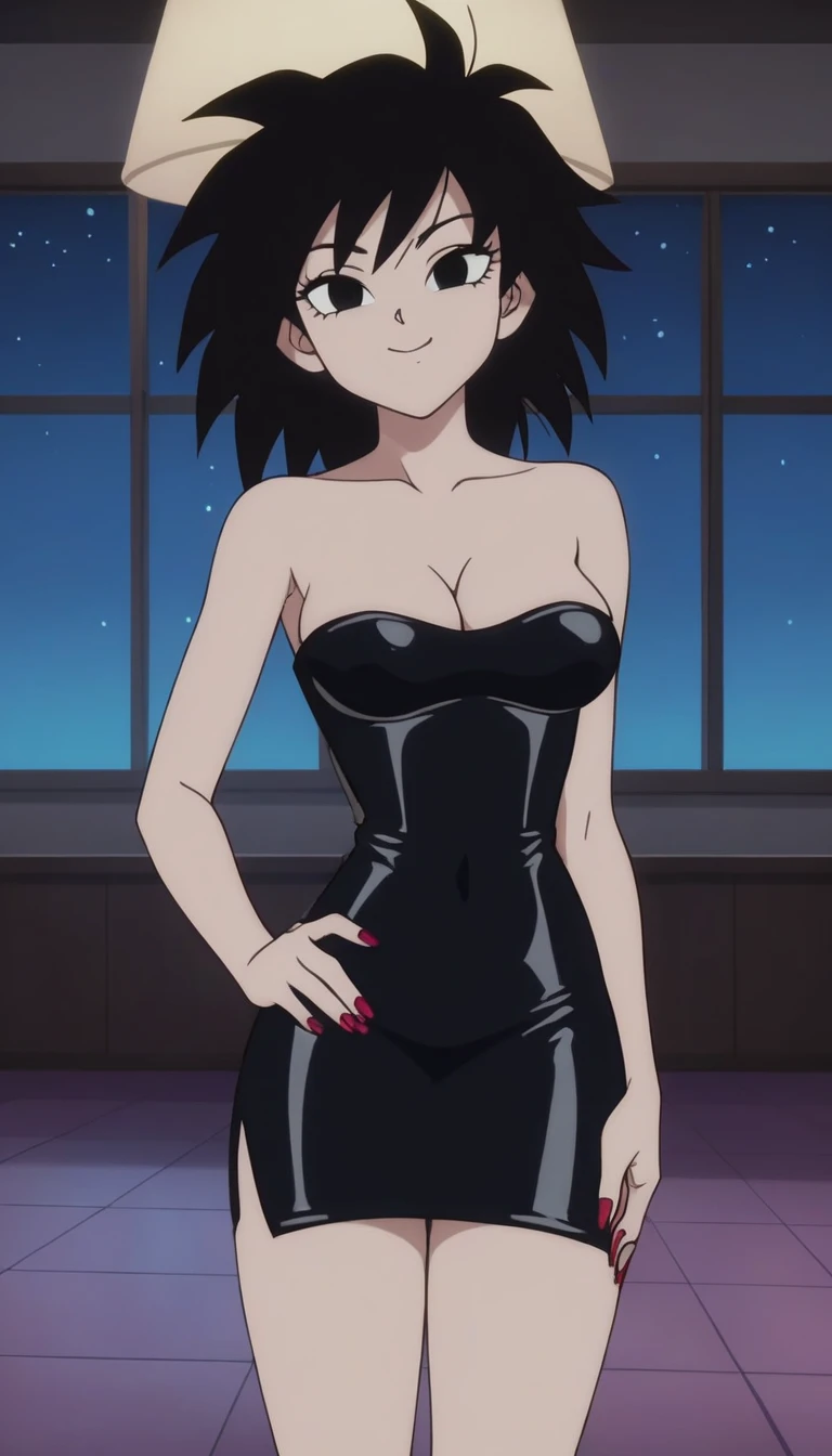 source_anime, score_9, score_8_up, score_7_up, anime screencap, absurd res, official style, gine, 1girl, solo, black hair, black eyes, closed mouth, bare shoulders, medium breast, a seductive smile, mouth closed, short black leather bodycon dress, strapless, sexy, sexual arousal, cleavage, red nails, dance floor, night club, smile, looking at viewers, cowboy shot, head turn, showing her back view, indoors, disco lighting, brown pantyhose, one hand on waist
