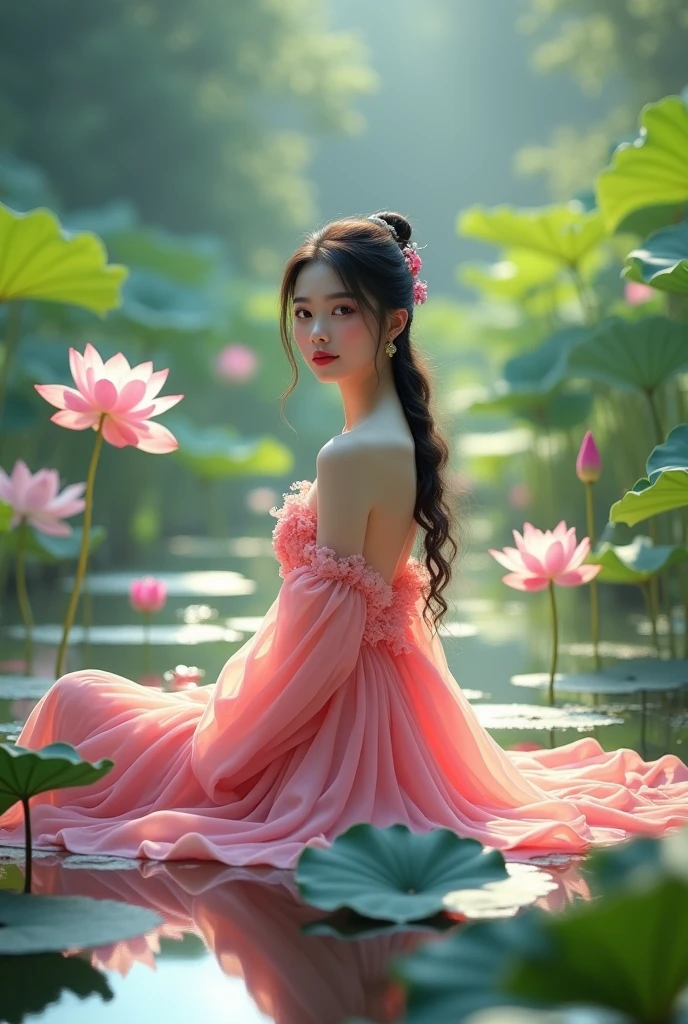 A beautiful Asian princess in a pink dress sits pensively in the middle of a lotus lake while looking at the camera. Landscape 3d real image .