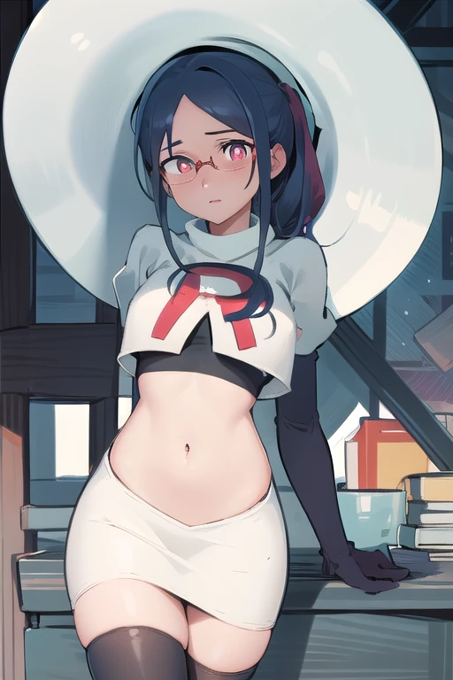 ((best quality)), ((highly detailed)), masterpiece, absurdres, (detailed eyes, deep eyes), (1girl), urca, blue hair, side ponytail, red eyes, white pupils, glasses, breasts, witch hat, team rocket,team rocket uniform,white skirt,red letter R,crop top,black thigh-highs,black elbow gloves,