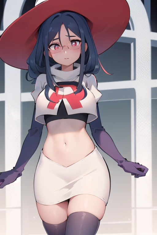 ((best quality)), ((highly detailed)), masterpiece, absurdres, (detailed eyes, deep eyes), (1girl), urca, blue hair, side ponytail, red eyes, white pupils, glasses, breasts, witch hat, team rocket,team rocket uniform,white skirt,red letter R,crop top,black thigh-highs,black elbow gloves,