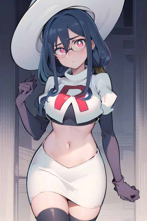 ((best quality)), ((highly detailed)), masterpiece, absurdres, (detailed eyes, deep eyes), (1girl), urca, blue hair, side ponytail, red eyes, white pupils, glasses, breasts, witch hat, team rocket,team rocket uniform,white skirt,red letter R,crop top,black thigh-highs,black elbow gloves,