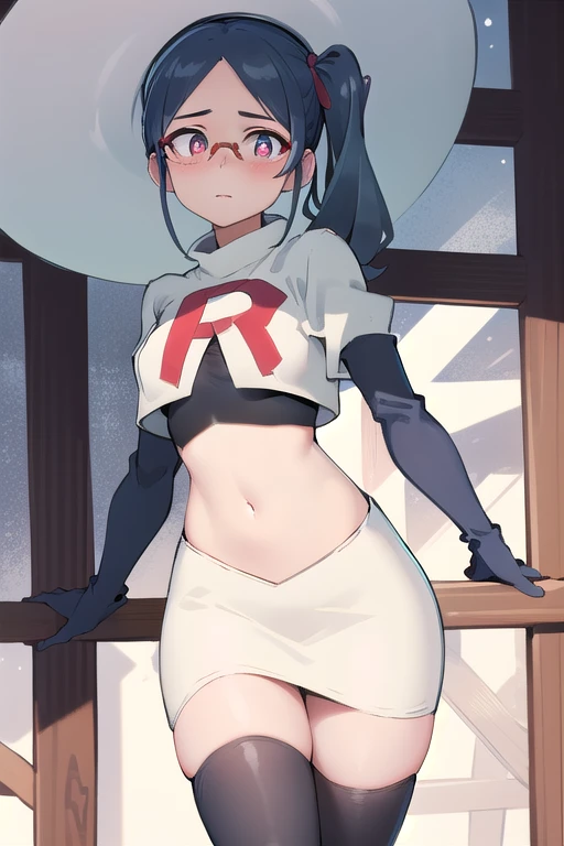 ((best quality)), ((highly detailed)), masterpiece, absurdres, (detailed eyes, deep eyes), (1girl), urca, blue hair, side ponytail, red eyes, white pupils, glasses, breasts, witch hat, team rocket,team rocket uniform,white skirt,red letter R,crop top,black thigh-highs,black elbow gloves,