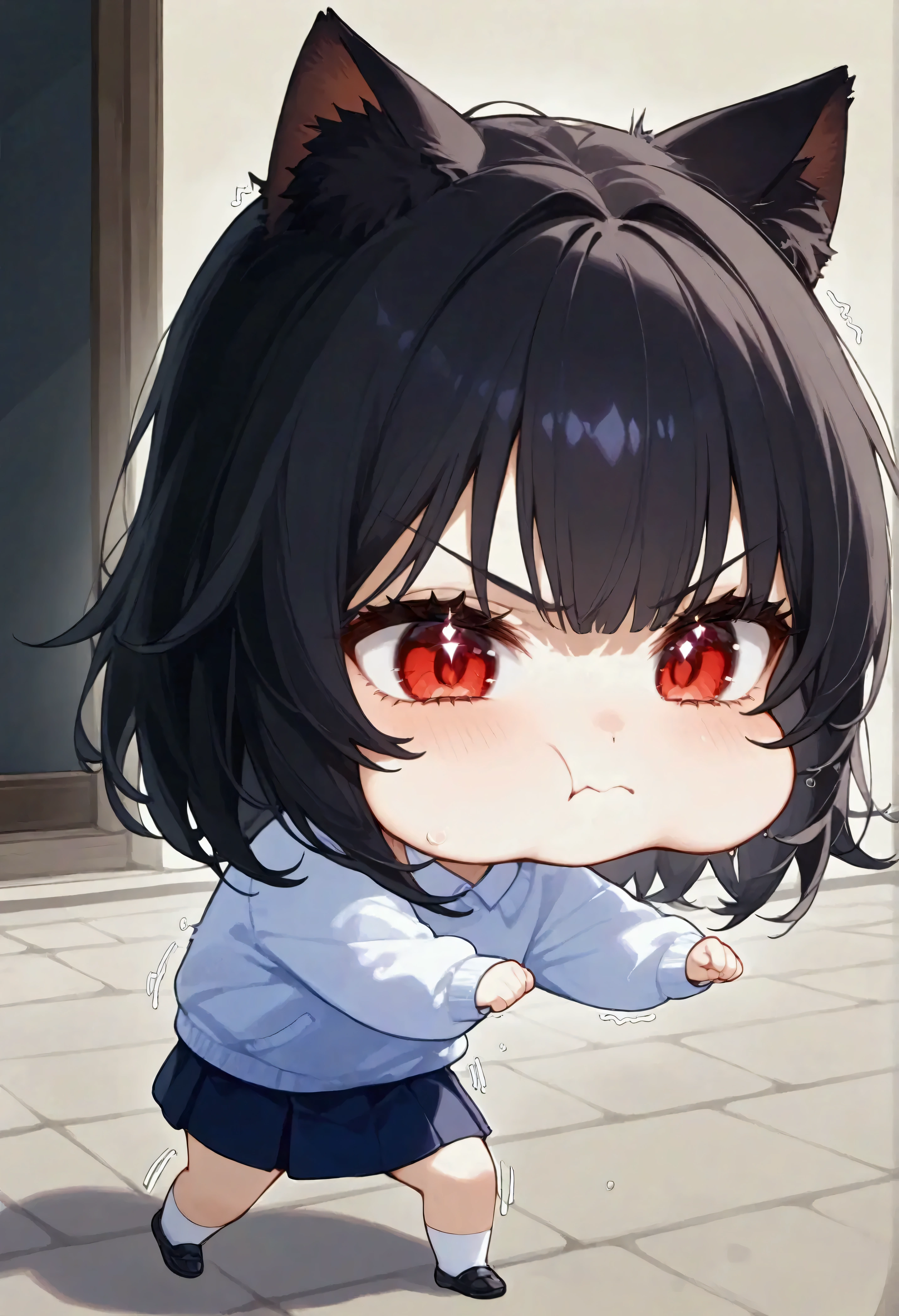 Chibi,1 girl, Alone,  full body, junkotvvxl ( puffy cheeks:1), ( V-shaped eyebrows , black hair, fringe, cat ears, red eyes), shaking, , Escuela Marinero , masterpiece,  The best quality , buena calidad, newer,