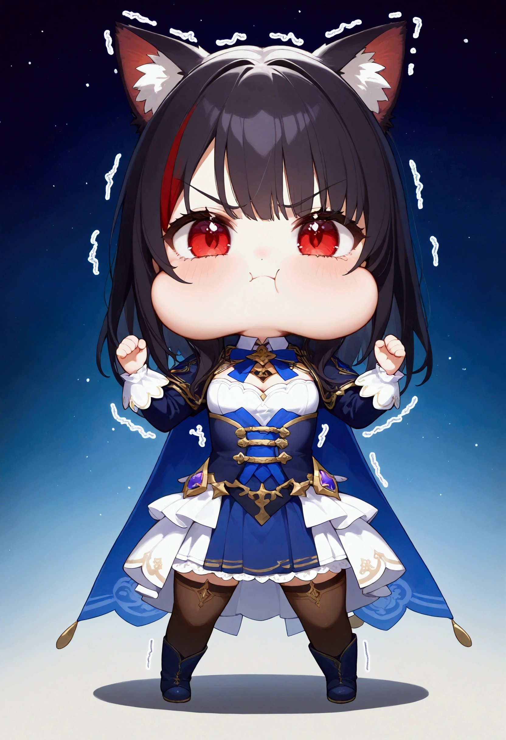 Chibi,1 girl, Alone,  full body, junkotvvxl ( puffy cheeks:1), ( V-shaped eyebrows , black hair, fringe, cat ears, red eyes), shaking, , Escuela Marinero , masterpiece,  The best quality , buena calidad, newer,