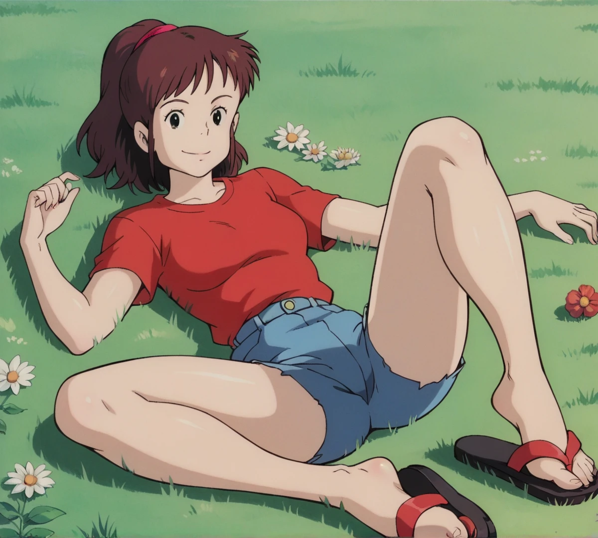 Ursula,  black eyes, zPDXL,  best quality ,  incredible quality, score 9, 1 , red shirt, t-shirt,  outdoor, field, lying down,  Looking at the viewer, smile, blink, Retro style, Ghibli, tight jean shorts, short shorts,  thick thighs , sandal, whole body, HEAD ON,  Open Legs  