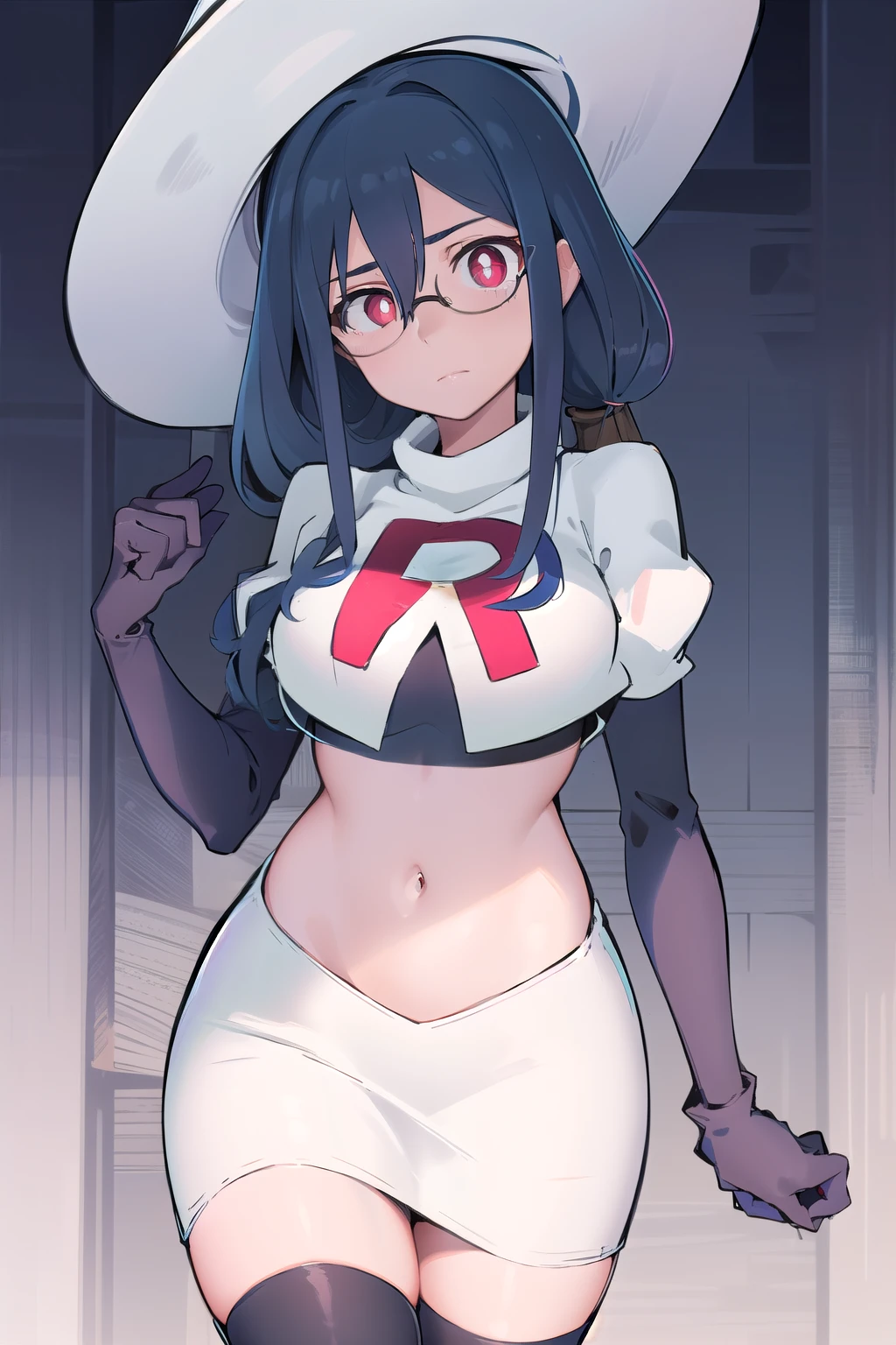 ((best quality)), ((highly detailed)), masterpiece, absurdres, (detailed eyes, deep eyes), (1girl), urca, blue hair, side ponytail, red eyes, white pupils, glasses, breasts, witch hat, team rocket,team rocket uniform,white skirt,red letter R,crop top,black thigh-highs,black elbow gloves,