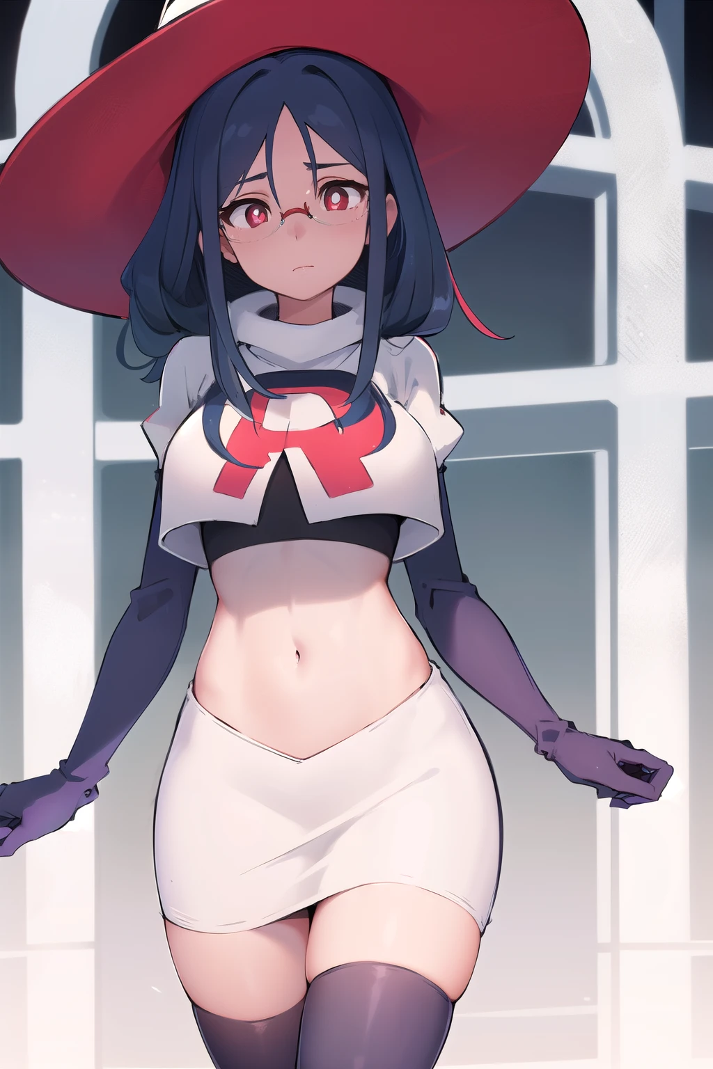 ((best quality)), ((highly detailed)), masterpiece, absurdres, (detailed eyes, deep eyes), (1girl), urca, blue hair, side ponytail, red eyes, white pupils, glasses, breasts, witch hat, team rocket,team rocket uniform,white skirt,red letter R,crop top,black thigh-highs,black elbow gloves,