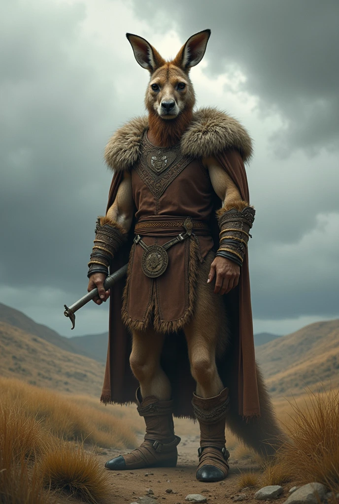 masterpiece:1.2, best quality, absurdres, hills, morning, grass, sun, 1boy, gnoll:1.2, solo, looking at viewer, weapon, loin cloth, jewelry, necklace, blurry, blurry background, holding spear, full body teeth, open mouth, tongue, realistic:1.3, facing viewer, <lora:RPGGnoll:0.7>