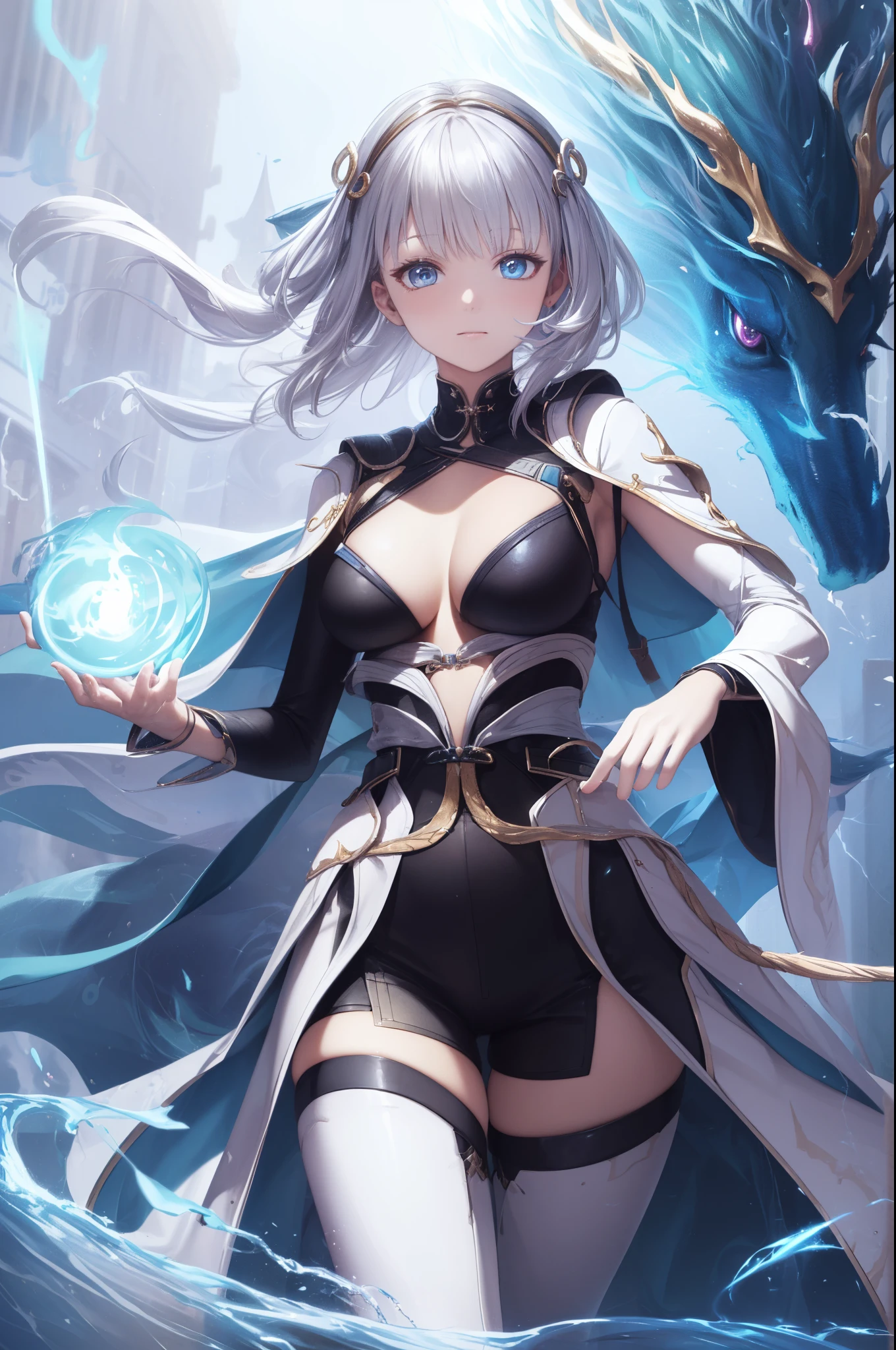 ( Best Quality ,4K,8k, high resolution ,masterpiece:1.2), extremely detailed,Mature Woman,, magic ,Charm,joy, Holy Goddess , magic al effect,Silver Hair, blue eyes,One-piece rubber suit，boots，Thunder and Lightning，dragon，fighting