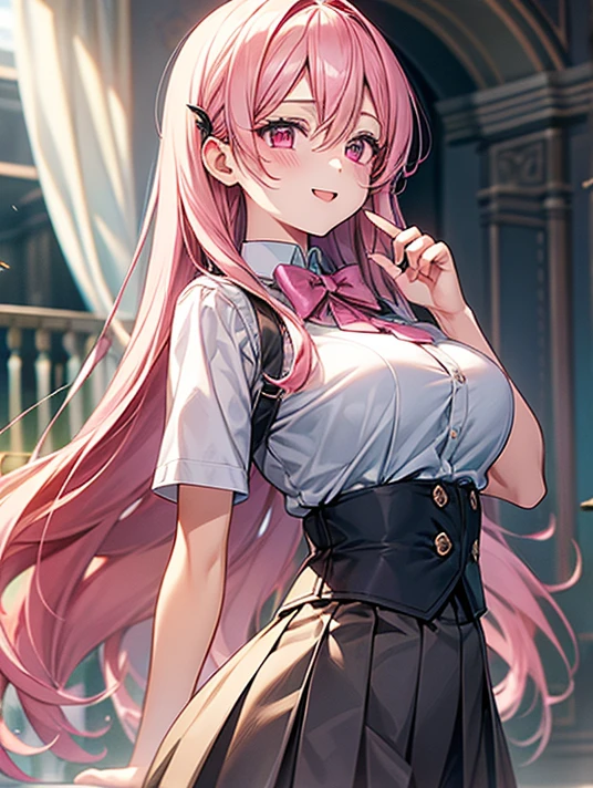 One person girl,Pink medium long hair,indoor,165cm height,Bust 55cm,Purple eyes,Red dress,White pantyhose,bare hands臂,bare hands,Raise your arms above your shoulders for an armpit pose,Armpit sweat,smile,7 figure itsuukasa Ayas