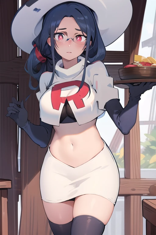 ((best quality)), ((highly detailed)), masterpiece, absurdres, (detailed eyes, deep eyes), (1girl), urca, blue hair, side ponytail, red eyes, white pupils, glasses, breasts, witch hat, team rocket,team rocket uniform,white skirt,red letter R,crop top,black thigh-highs,black elbow gloves,