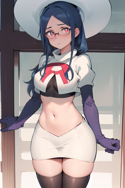 ((best quality)), ((highly detailed)), masterpiece, absurdres, (detailed eyes, deep eyes), (1girl), urca, blue hair, side ponytail, red eyes, white pupils, glasses, breasts, witch hat, team rocket,team rocket uniform,white skirt,red letter R,crop top,black thigh-highs,black elbow gloves,