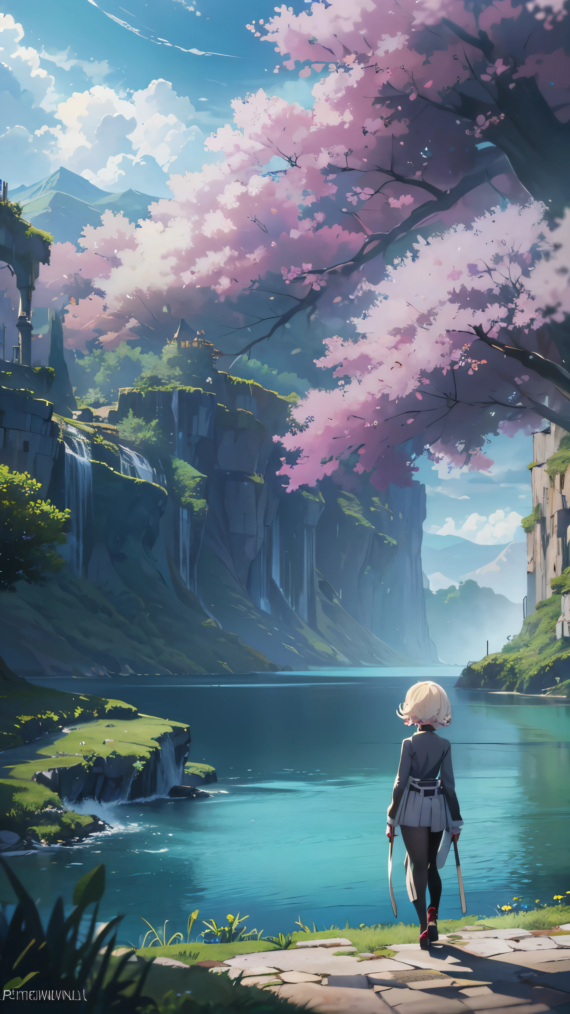 Tatsumaki, One Punch Man,masterpiece, 最 High Quality ,  High Quality ,  Very detailed 8k CG unit wallpaper, scenery, Outdoor, null, cloud, day, water, tree, 青null, waterfall, cliff, nature, lake, river, cloudy null, Award-winning photography, Bokeh,  depth of field,  high definition , flower, chromatic aberration, Photographically,  Very detailed, trend in ArtStation, CGSociety Trends,  complicated,  high detail, dramatic,  Art on the Journey 