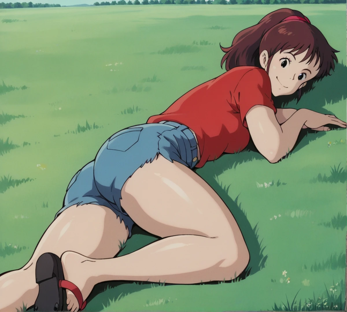 Ursula,  black eyes, zPDXL,  best quality ,  incredible quality, score 9, 1 , red shirt, t-shirt,  outdoor, field, lying down,  Looking at the viewer, smile, blink, Retro style, Ghibli, tight jean shorts, short shorts,  thick thighs , sandal, whole body, of coasts, in this grande, in this,  rear view  