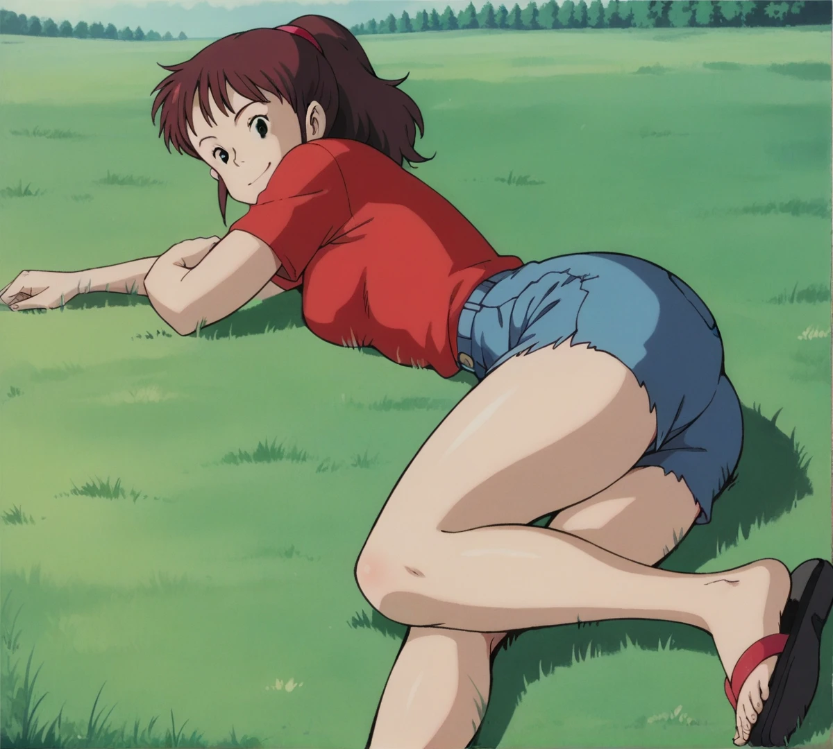 Ursula,  black eyes, zPDXL,  best quality ,  incredible quality, score 9, 1 , red shirt, t-shirt,  outdoor, field, lying down,  Looking at the viewer, smile, blink, Retro style, Ghibli, tight jean shorts, short shorts,  thick thighs , sandal, whole body, of coasts, in this grande, in this,  rear view  