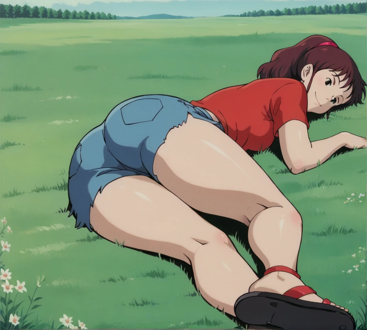 Ursula,  black eyes, zPDXL,  best quality ,  incredible quality, score 9, 1 , red shirt, t-shirt,  outdoor, field, lying down,  Looking at the viewer, smile, blink, Retro style, Ghibli, tight jean shorts, short shorts,  thick thighs , sandal, whole body, of coasts, in this grande, in this,  rear view  