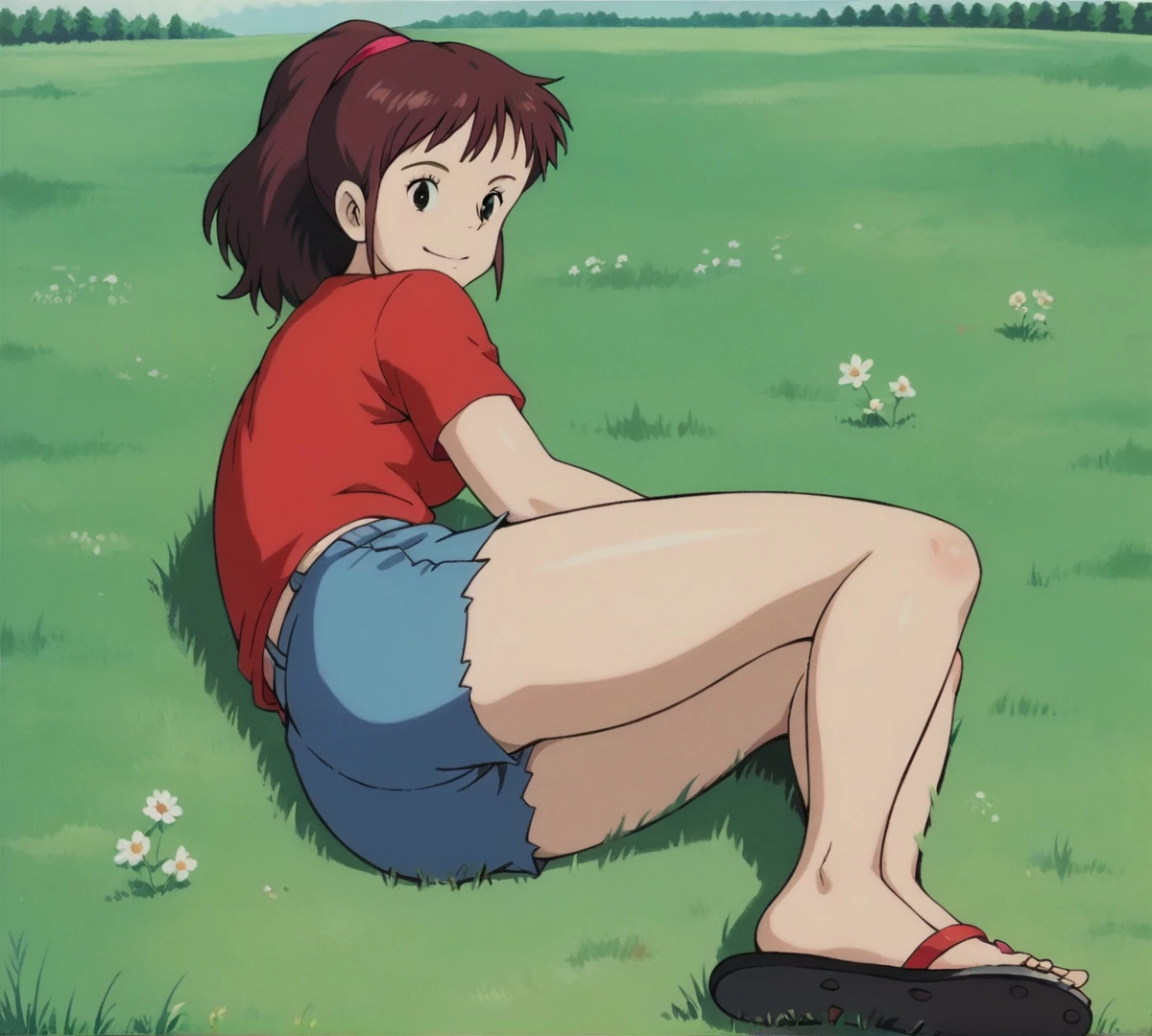 Ursula,  black eyes, zPDXL,  best quality ,  incredible quality, score 9, 1 , red shirt, t-shirt,  outdoor, field, lying down,  Looking at the viewer, smile, blink, Retro style, Ghibli, tight jean shorts, short shorts,  thick thighs , sandal, whole body, of coasts, in this grande, in this,  rear view  