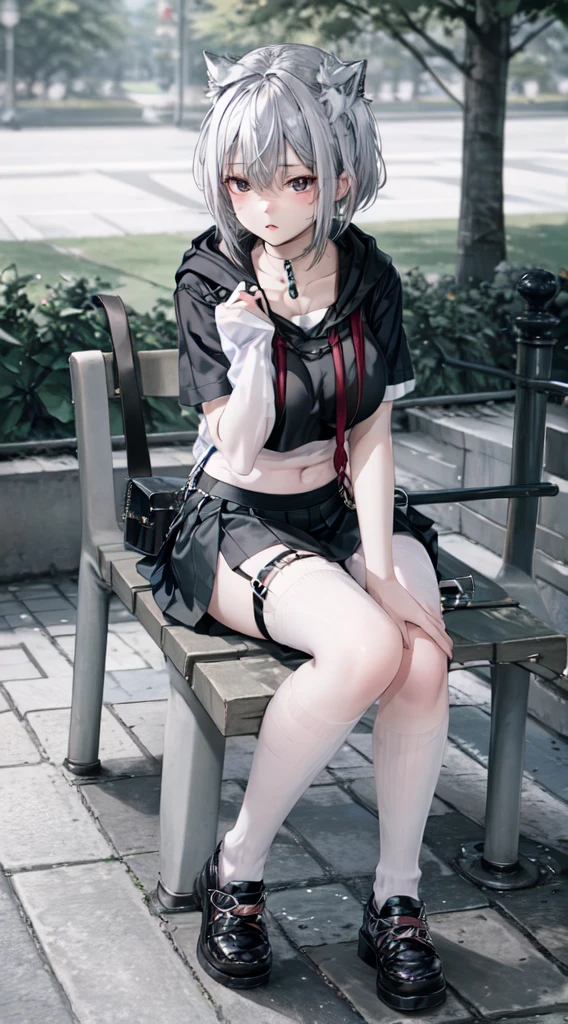 1 beautiful tomboy girl with big breasts, Ted white hair, open hoodie, black tank top,white long pants, black short skirt, white short stocking, sitting in park bench,hand on face,full body,background on park,