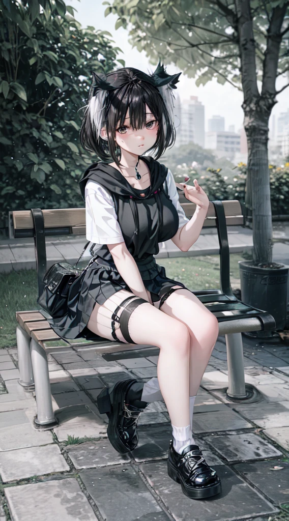 1 beautiful tomboy girl with big breasts, Ted white hair, open hoodie, black tank top,white long pants, black short skirt, white short stocking, sitting in park bench,hand on face,full body,background on park,