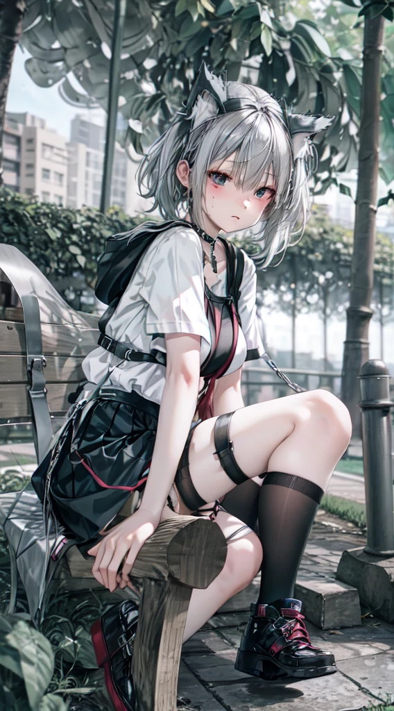 1 beautiful tomboy girl with big breasts, Ted white hair, open hoodie, black tank top,white long pants, black short skirt, white short stocking, sitting in park bench,hand on face,full body,background on park,