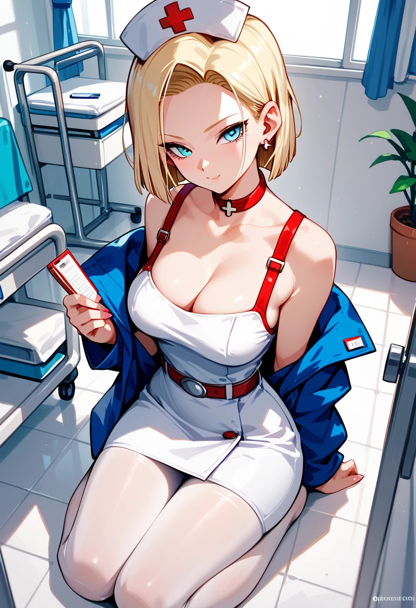 Android 18 from "dragon ball "  dressed as a nurse , white hip-length pantyhose,  kneeling , in a hospital room,  seductive look, neckline, from above. 