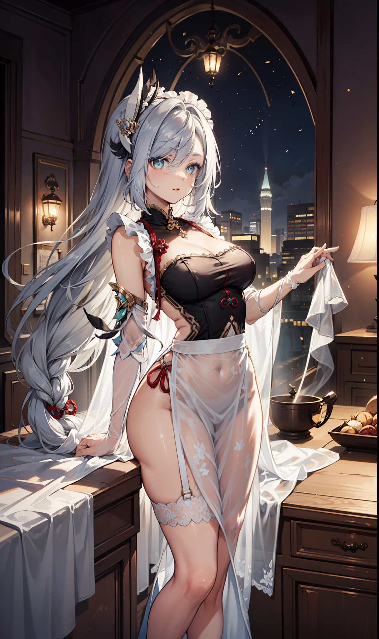 ((beautiful lighting, Best quality, 8K, Masterpiece: 1.3)), 1girl, Perfect body beauty, ((white hair)), ((black dress: 1.4)), (Indoor , night: 1.1), sexy pose (lie on the bed), Super Fine Face, Fine Eyes, naughty look