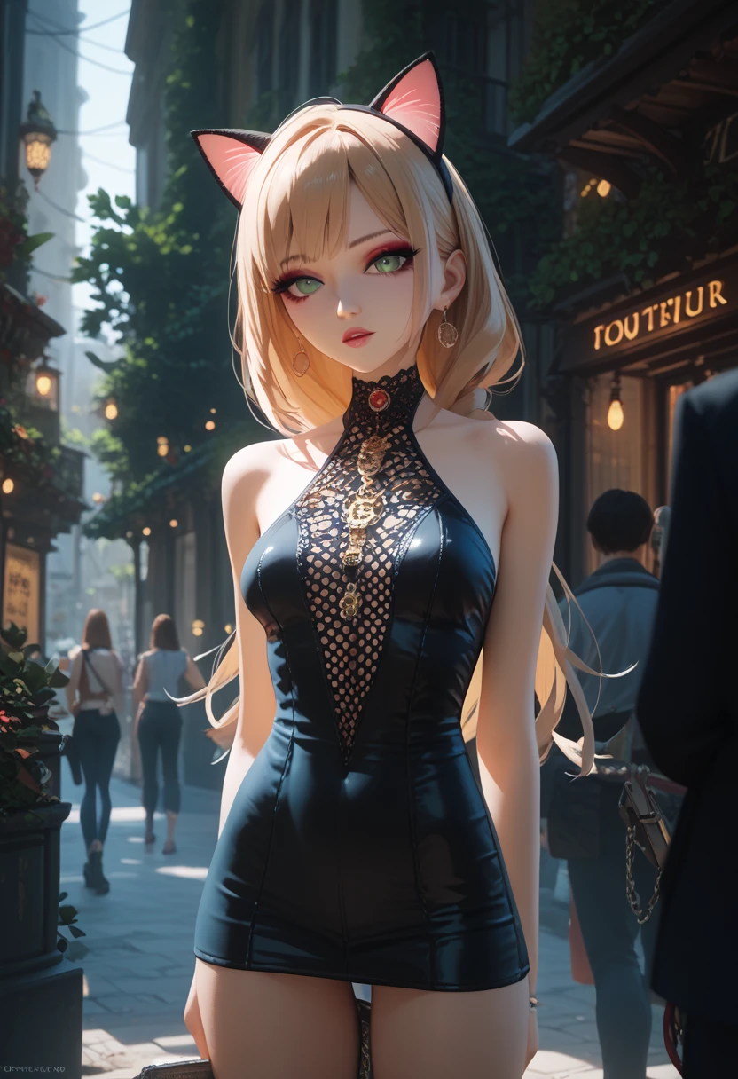 bare shoulders, 1 girl,  Long hair ,  4K, , cat ears,  high definition   , One, masterpiece,    best quality,  standing device, hair pattern ,   hot girl ,  prostitute , makeup, 1 frame, , 2D