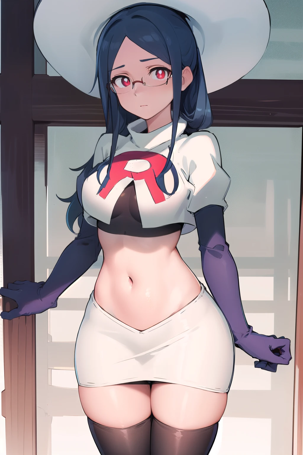 ((best quality)), ((highly detailed)), masterpiece, absurdres, (detailed eyes, deep eyes), (1girl), urca, blue hair, side ponytail, red eyes, white pupils, glasses, breasts, witch hat, team rocket,team rocket uniform,white skirt,red letter R,crop top,black thigh-highs,black elbow gloves,