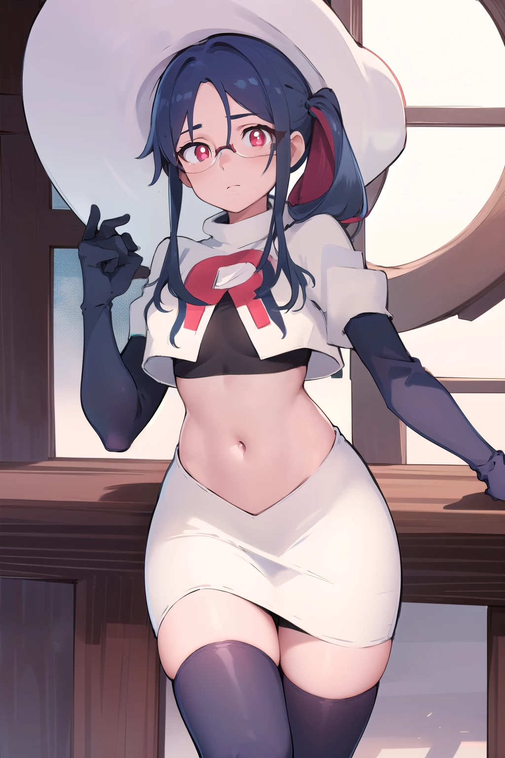 ((best quality)), ((highly detailed)), masterpiece, absurdres, (detailed eyes, deep eyes), (1girl), urca, blue hair, side ponytail, red eyes, white pupils, glasses, breasts, witch hat, team rocket,team rocket uniform,white skirt,red letter R,crop top,black thigh-highs,black elbow gloves,