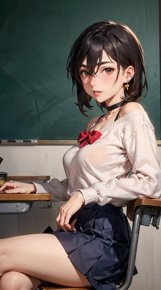(masuter piece, Best Quality),  Black hair, Glowing red eyes, Sharingan eyes, Petite, Schoolgirl, (School uniform)、(skirt by the)、 up skirt, Lace panties,,Stick your butt out、Showing off your butt、 from behind, Malvese, crass room, Smile, Fun, Volumetric lighting, Sunlight, 发光、(Realistic butt)