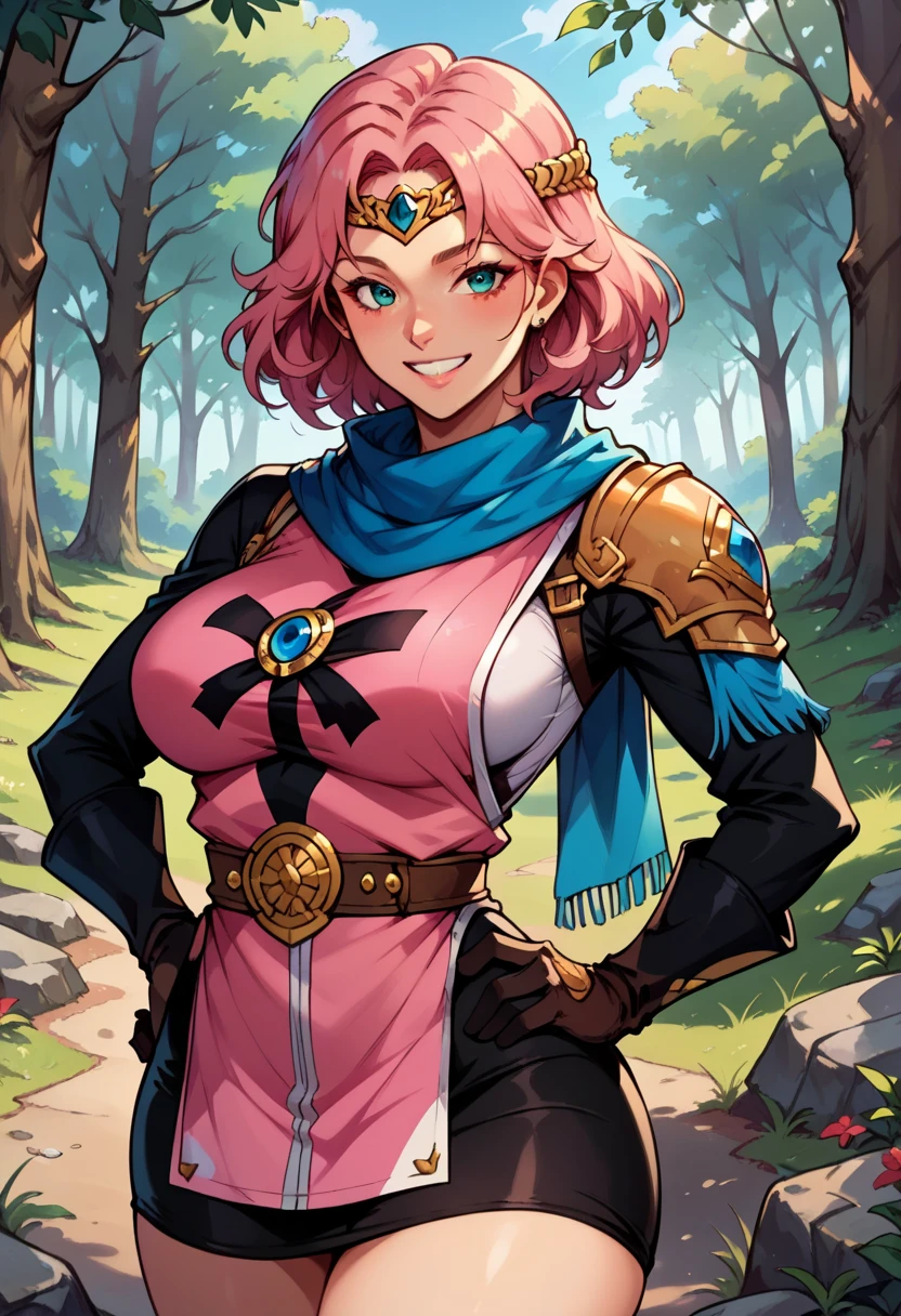 masterpiece, best quality, priMaam, medium hair, blue scarf, circlet, short dress, pink tabard, black sleeves, belt, gloves, looking at viewer, :D, furrowed brow, forest, large breasts, looking at viewer, smile, hand on hip, village, forest