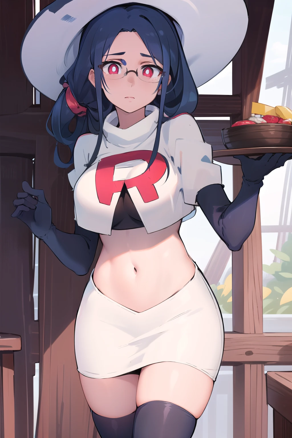 ((best quality)), ((highly detailed)), masterpiece, absurdres, (detailed eyes, deep eyes), (1girl), urca, blue hair, side ponytail, red eyes, white pupils, glasses, breasts, witch hat, team rocket,team rocket uniform,white skirt,red letter R,crop top,black thigh-highs,black elbow gloves,