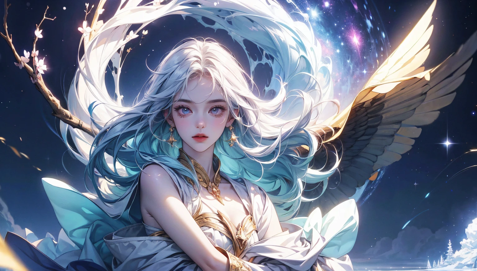 Girl with long dark green hair shawl。Starry sky nebula in background，The stars shine