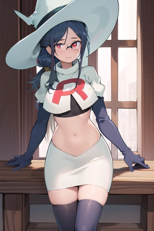 ((best quality)), ((highly detailed)), masterpiece, absurdres, (detailed eyes, deep eyes), (1girl), urca, blue hair, side ponytail, red eyes, white pupils, glasses, breasts, witch hat, team rocket,team rocket uniform,white skirt,red letter R,crop top,black thigh-highs,black elbow gloves,