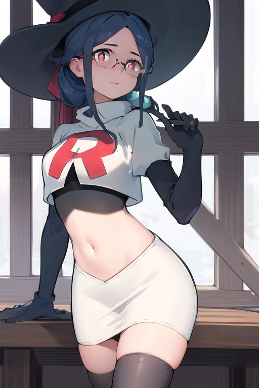 ((best quality)), ((highly detailed)), masterpiece, absurdres, (detailed eyes, deep eyes), (1girl), urca, blue hair, side ponytail, red eyes, white pupils, glasses, breasts, witch hat, team rocket,team rocket uniform,white skirt,red letter R,crop top,black thigh-highs,black elbow gloves,