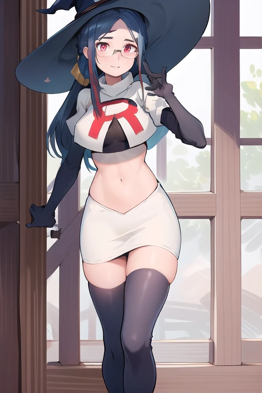 ((best quality)), ((highly detailed)), masterpiece, absurdres, (detailed eyes, deep eyes), (1girl), urca, blue hair, side ponytail, red eyes, white pupils, glasses, breasts, witch hat, team rocket,team rocket uniform,white skirt,red letter R,crop top,black thigh-highs,black elbow gloves,