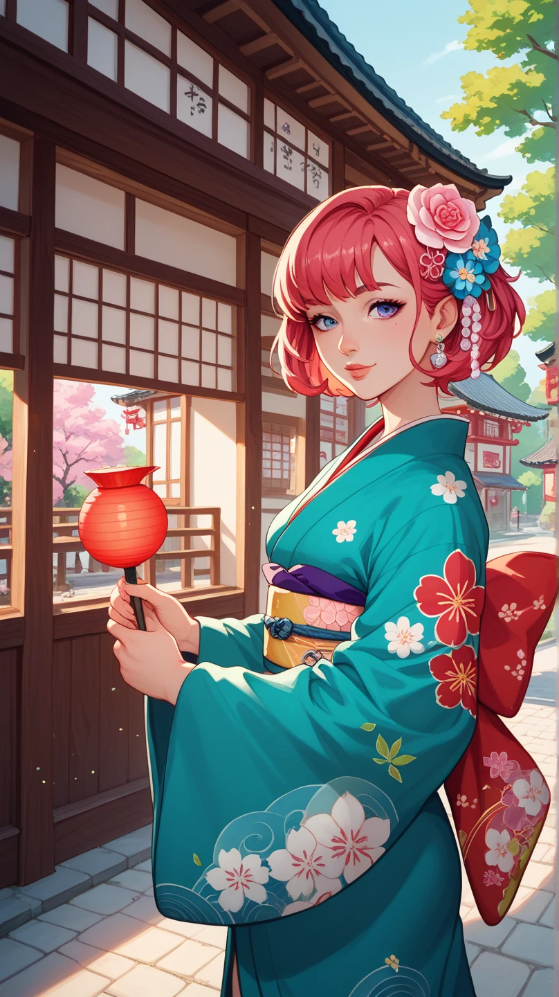 

"A young woman wearing an elegant traditional Japanese kimono with large, vivid pink peonies as decorative patterns. The kimono features a mix of white and deep red colors, with vibrant green leaves accenting the floral design. Her hair is styled in a short bob with a matching peony flower as a hair accessory. She stands confidently on a narrow, traditional Japanese street surrounded by wooden houses and soft natural lighting. The atmosphere is serene and culturally rich, highlighting the beauty of traditional fashion."


