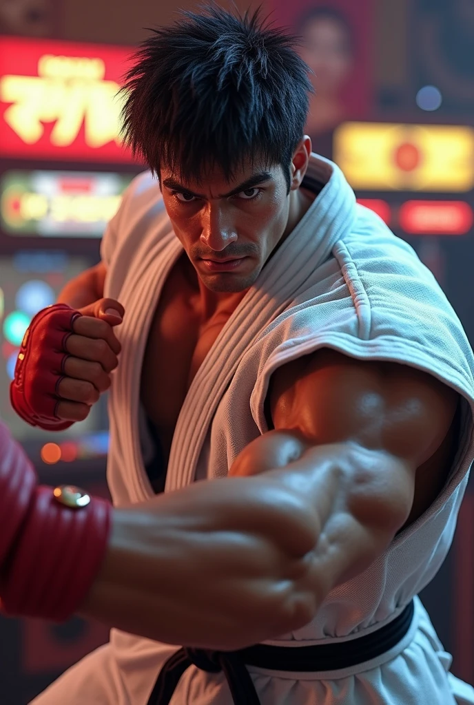 Ryu:1.3, street fighter 5, scenario of the game street fighter, (( perfect ???????))) , wearing his classic outfit , ((perfect ??????? of the hands and wrists ))) , full body , with well-defined beard