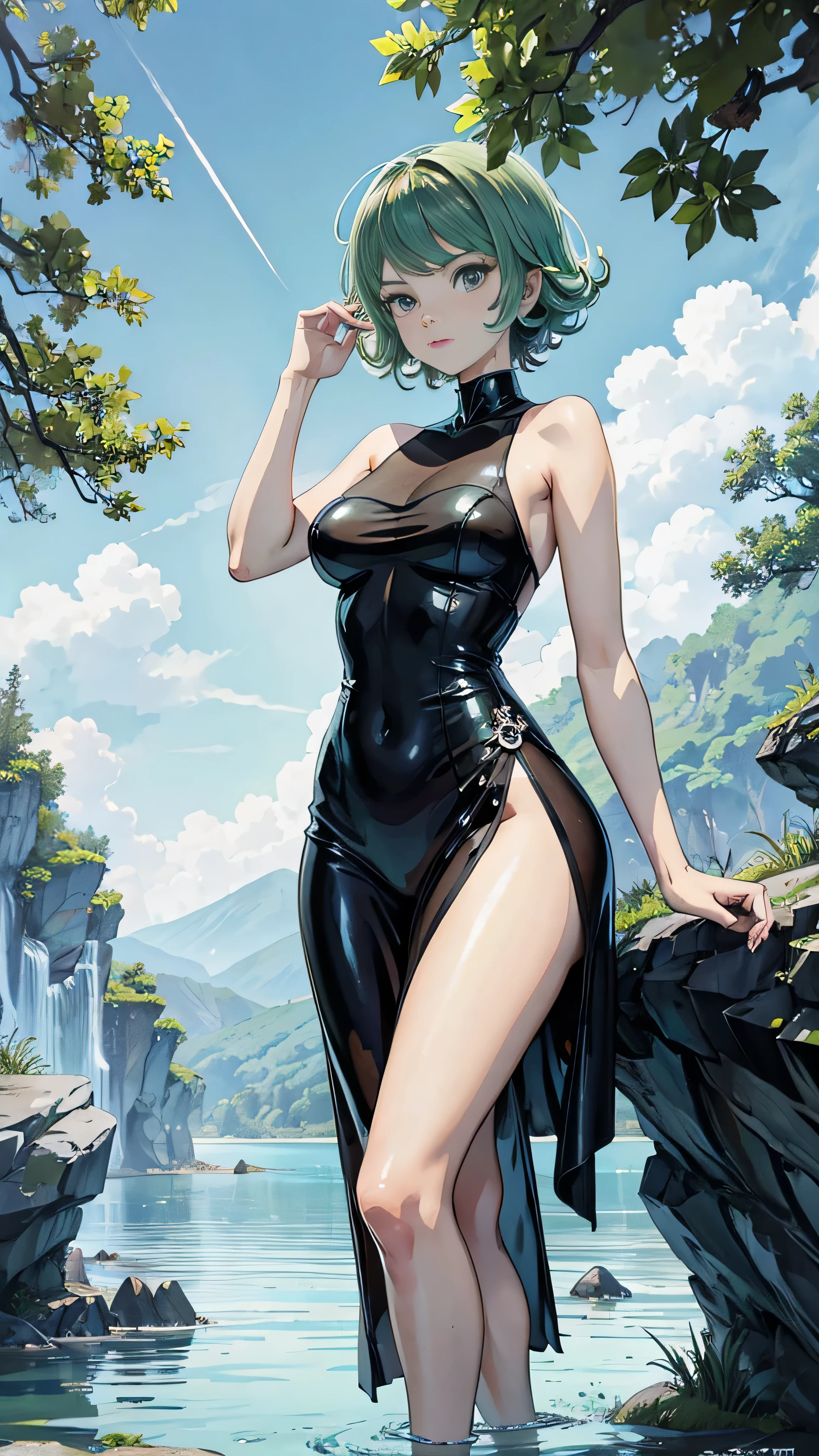 Tatsumaki, One Punch Man,masterpiece, 最 High Quality ,  High Quality ,  Very detailed 8k CG unit wallpaper, scenery, Outdoor, null, cloud, day, water, tree, 青null, waterfall, cliff, nature, lake, river, cloudy null, Award-winning photography, Bokeh,  depth of field,  high definition , flower, chromatic aberration, Photographically,  Very detailed, trend in ArtStation, CGSociety Trends,  complicated,  high detail, dramatic,  Art on the Journey 