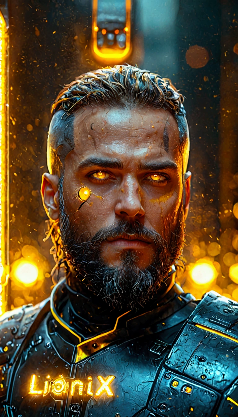 a man with a beard and a beard in a black outfit, a character portrait inspired by Rajmund Kanelba, trending on Artstation, realism, 8k portrait render, highly detailed vfx portrait, yellow cyborg eyes, he has yellow wolf eyes, attractive sci - fi face, with glowing yellow eyes, his eyes glowing yellow, cinematic realistic portrait, cyborg eyes