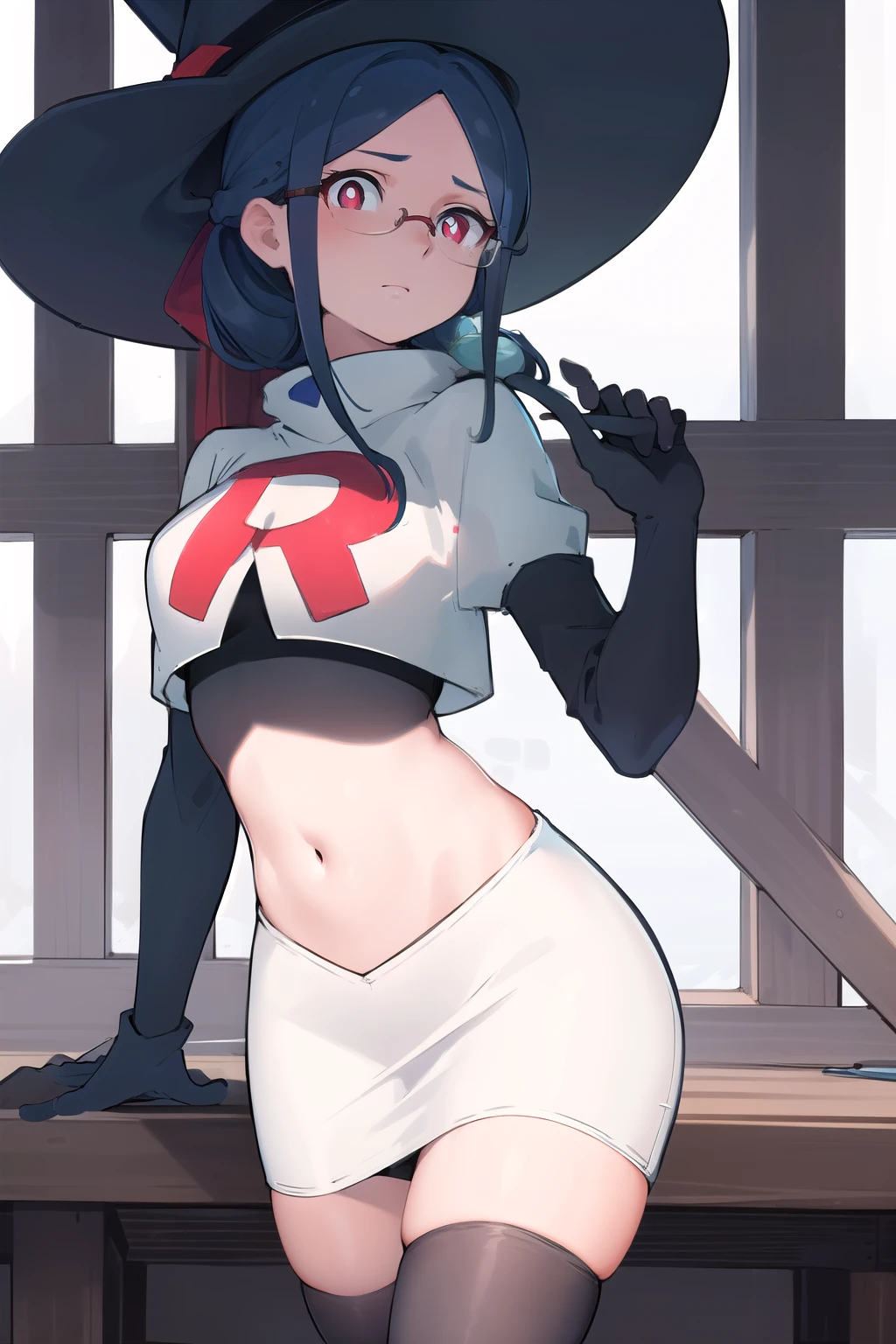 ((best quality)), ((highly detailed)), masterpiece, absurdres, (detailed eyes, deep eyes), (1girl), urca, blue hair, side ponytail, red eyes, white pupils, glasses, breasts, witch hat, team rocket,team rocket uniform,white skirt,red letter R,crop top,black thigh-highs,black elbow gloves,