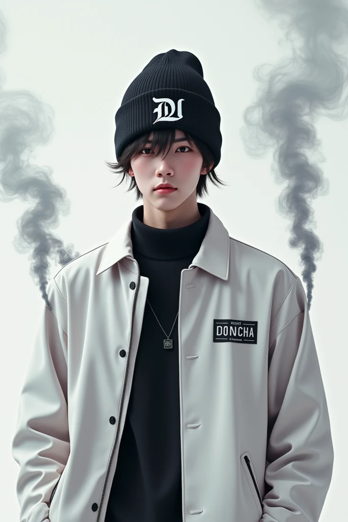 Create a Realistic Placement on the Wingbake chair jacket with the words “MINGKAK” smoking a cigarette creating a 3D image of a teenager wearing black smoke that artistically forms a name