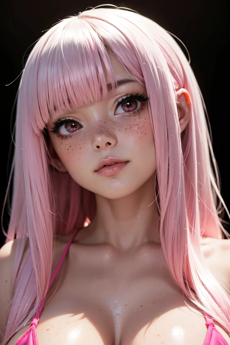 One girl、(tattoos), Excellent anatomy, masterpiece, Highest quality,Realistic, hyperRealistic, 16k hdr,NSFW、Long pink Hair、Straight Hair、bangs、freckles、high school girl、Slender、Slender body、asian high school girl, big breasts, cleavage, (neon pink monochromatic color palette), sexy pose, big pink eyes, ulzzang, portrait, (anime), manga, sexy, submissive, seductive, heavy blushing, shy, tease, 8ｋ, Highest quality, masterpiece, Sharp focus, shiny skin, naughty girl, black background, (silver micro bikini), 
