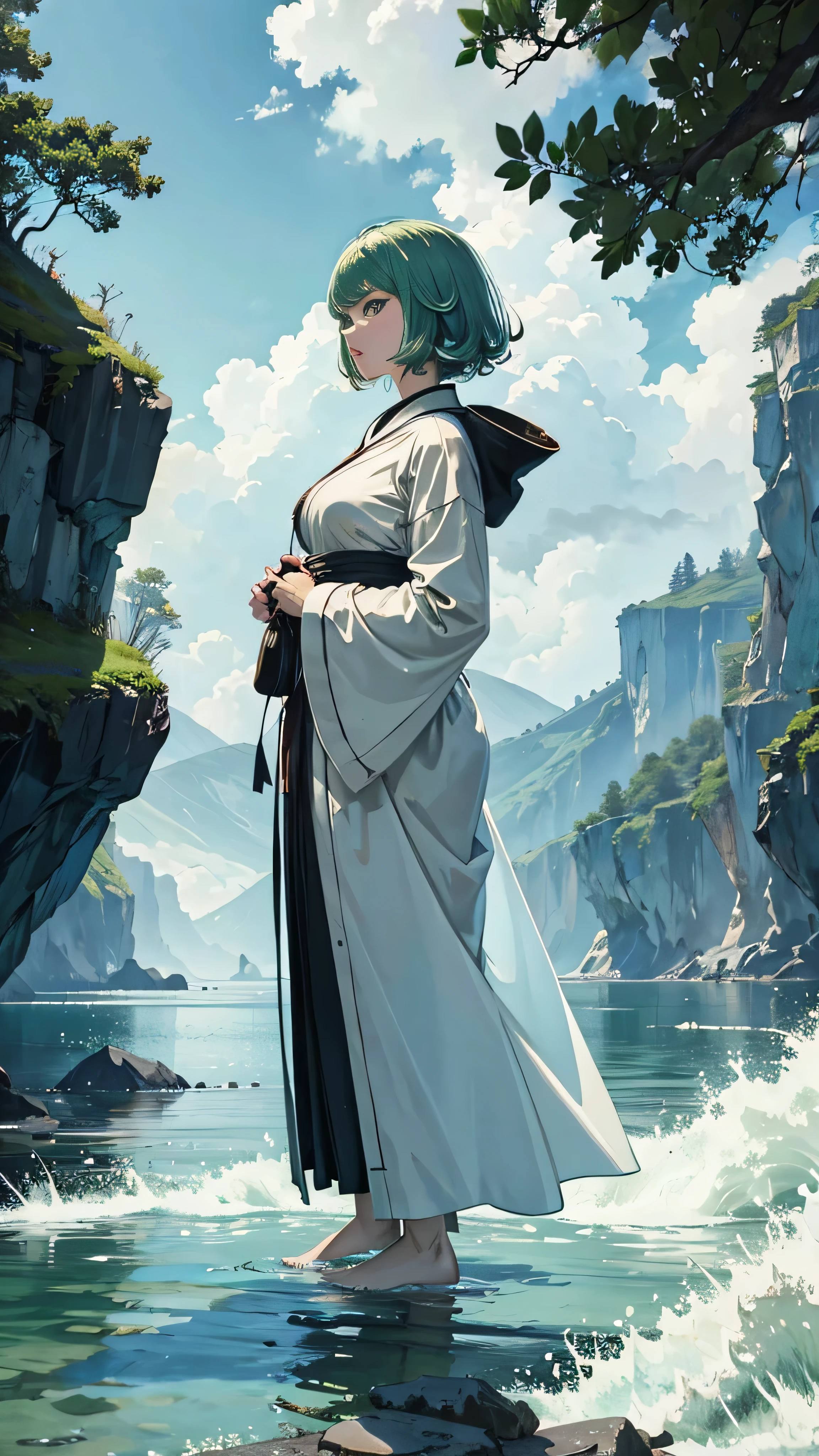 Tatsumaki, One Punch Man,masterpiece, 最 High Quality ,  High Quality ,  Very detailed 8k CG unit wallpaper, scenery, Outdoor, null, cloud, day, water, tree, 青null, waterfall, cliff, nature, lake, river, cloudy null, Award-winning photography, Bokeh,  depth of field,  high definition , flower, chromatic aberration, Photographically,  Very detailed, trend in ArtStation, CGSociety Trends,  complicated,  high detail, dramatic,  Art on the Journey 