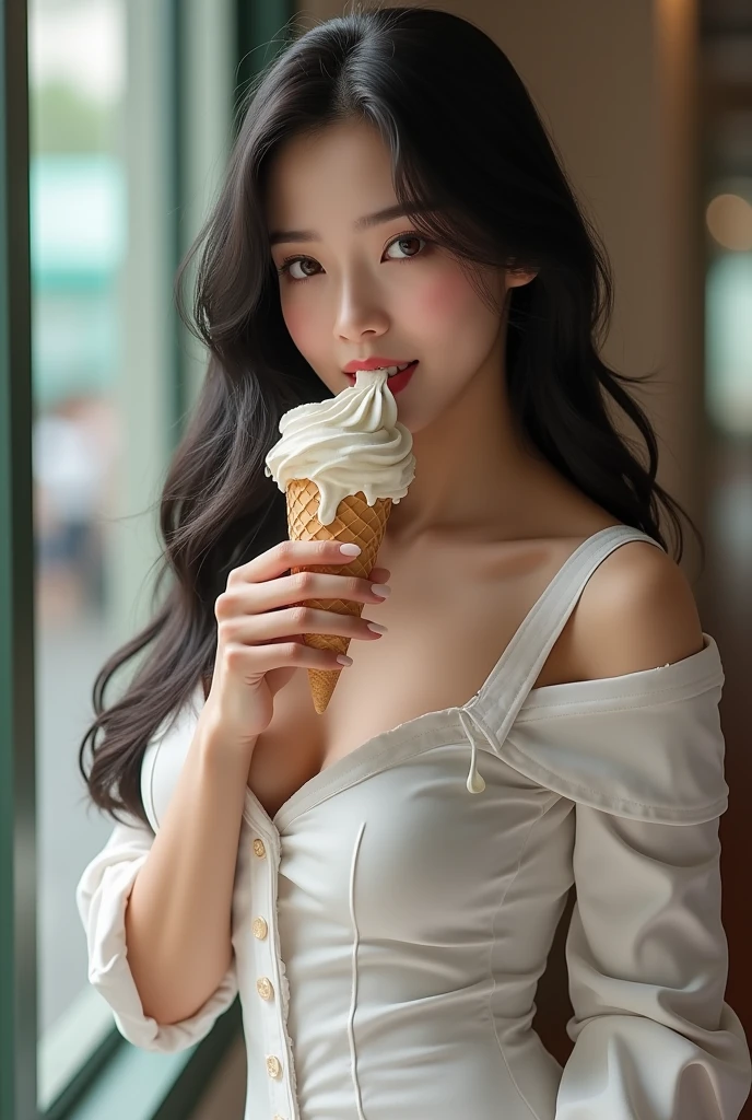 A woman of 1,55 tall black hair with brown skin and eating ice cream 