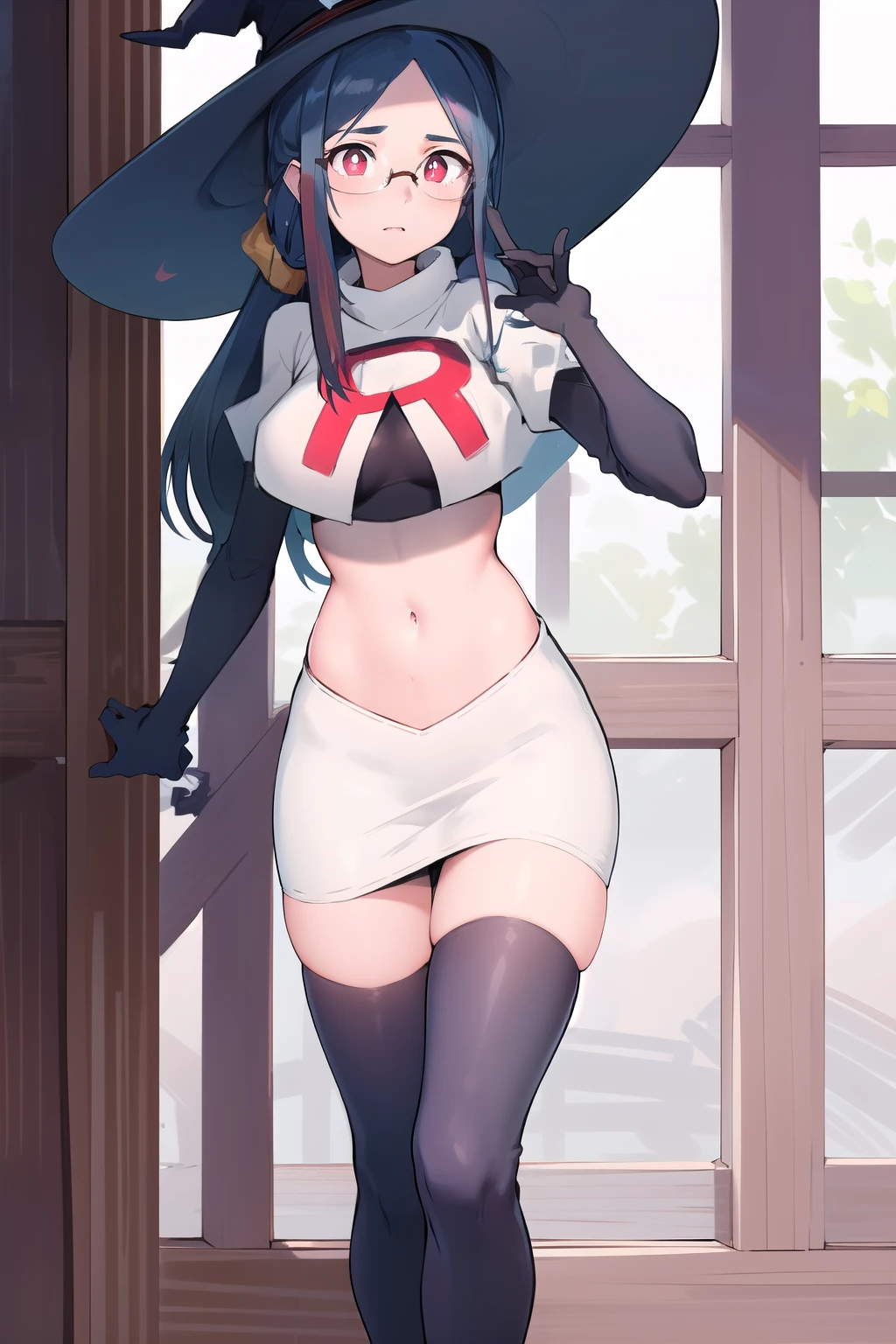 ((best quality)), ((highly detailed)), masterpiece, absurdres, (detailed eyes, deep eyes), (1girl), urca, blue hair, side ponytail, red eyes, white pupils, glasses, breasts, witch hat, team rocket,team rocket uniform,white skirt,red letter R,crop top,black thigh-highs,black elbow gloves,