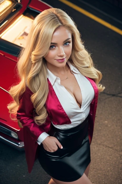 (Top view:1.5) 1 gorgeous blonde woman with long wavy hair wearing (Satin shirt:1.0)
, tight skirt, and long wool coat, 23 ans, she’s a playboy magazine model,  (at night:1.0), in front of a movie theater, sexy pose, flirts with camera, smile, happiness, canon 85 mm, Light depth of field, Kodak Ektar 200, perfect fit body, extreme details ,UHD