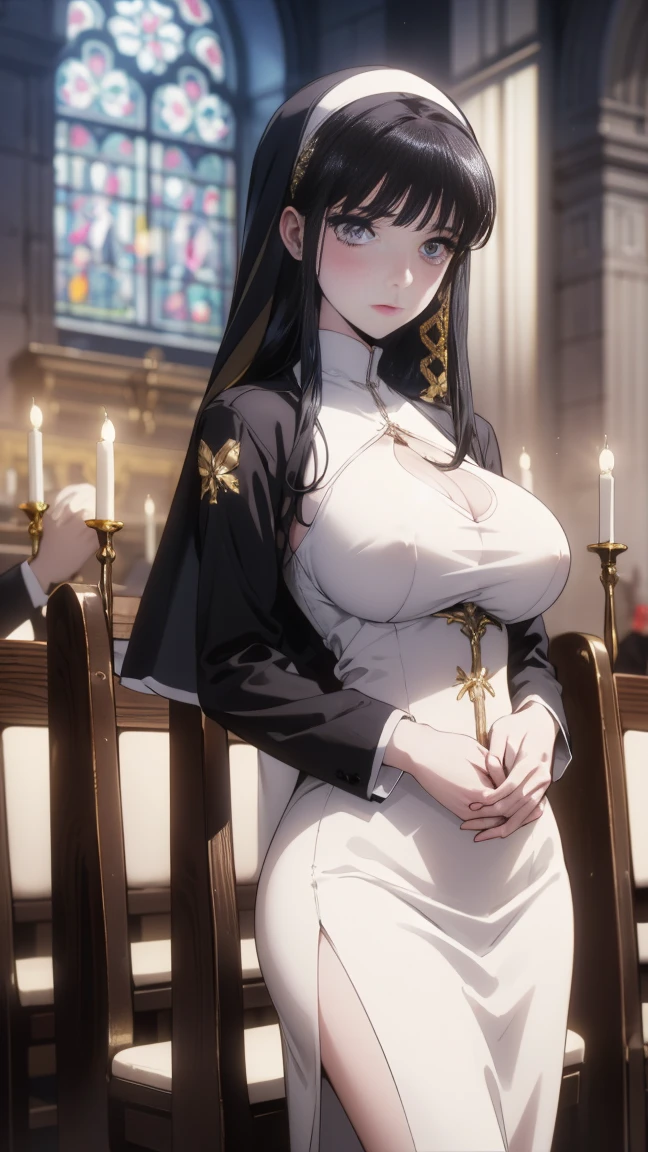 (Ultra high resolution, 8K RAW photo, photo realistic, thin outline), (cinematic lighting, textile shading), (nun hijab with gold accessories:1.3, gold cross ornaments), (huge breast, sagging breast, big , breast cleavage), 1girl, ((mature woman, milf:1.2)), 20 years old, (breast curtain, long tight skirts with side slit), matured Saint praying in front of altar in church, hands on together, wearing religious uniform, blush, in heat, shamed, looking at viewers, blonde hair, at night, Clothes that show the lines of the body, (dynamic angle, from center below), spiritual, chest is exposed from clothes,pink nipple,mesh See-through cloth