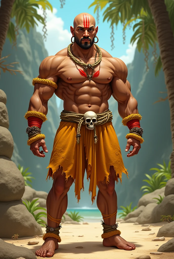 1 male ogre, (((soil))), (skin made of bright gold: 1.5, two meters tall, muscular, fat, rough and broad body, black hair in a bun, monochromatic black eyes: 1.15), wears an orange and red monk habit, carries a rosary with wooden beads around his neck, is sitting on a rock with waterfalls around him, is serious sitting and meditative, RPG